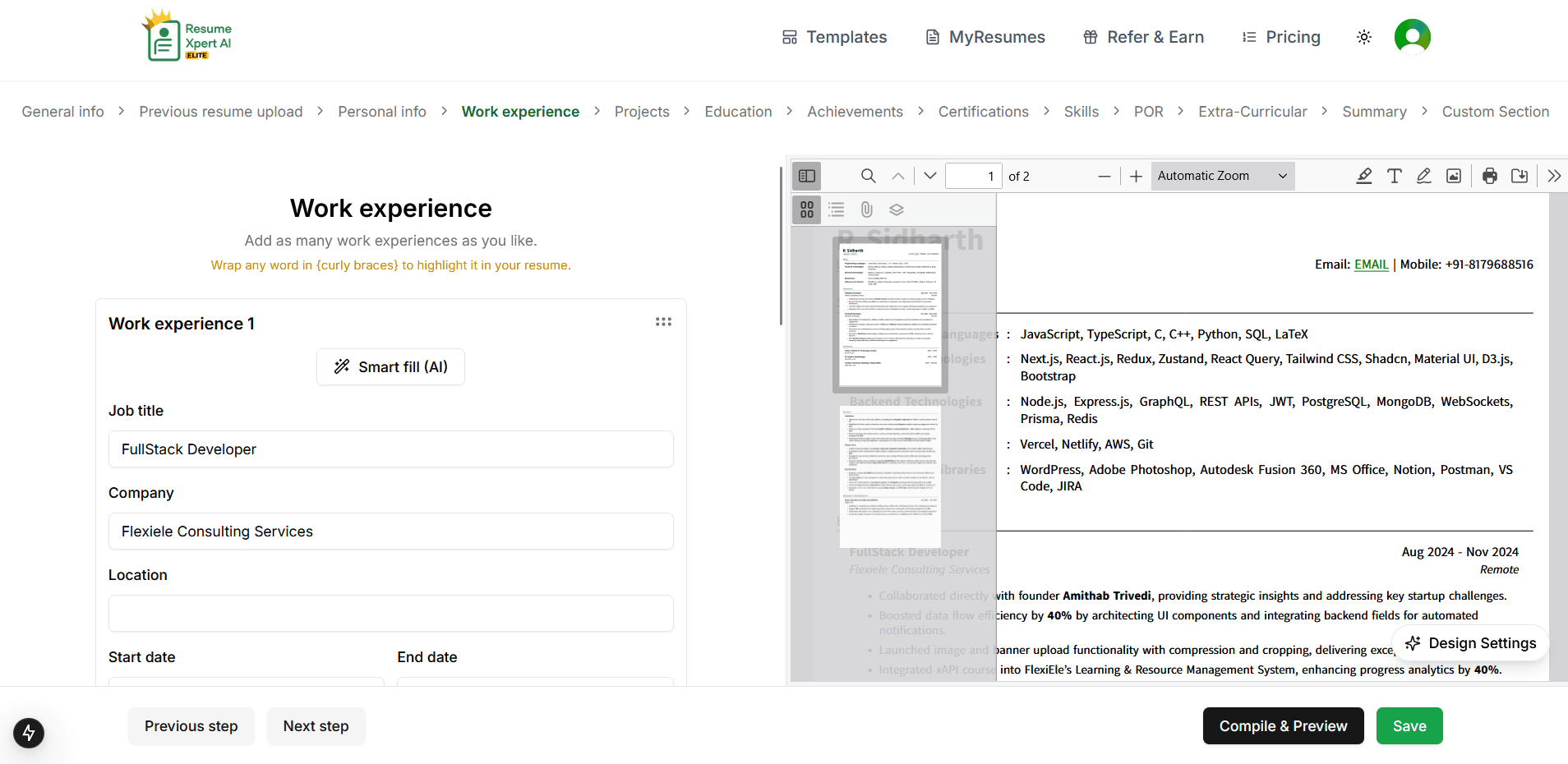 Dynamic Resume Editor