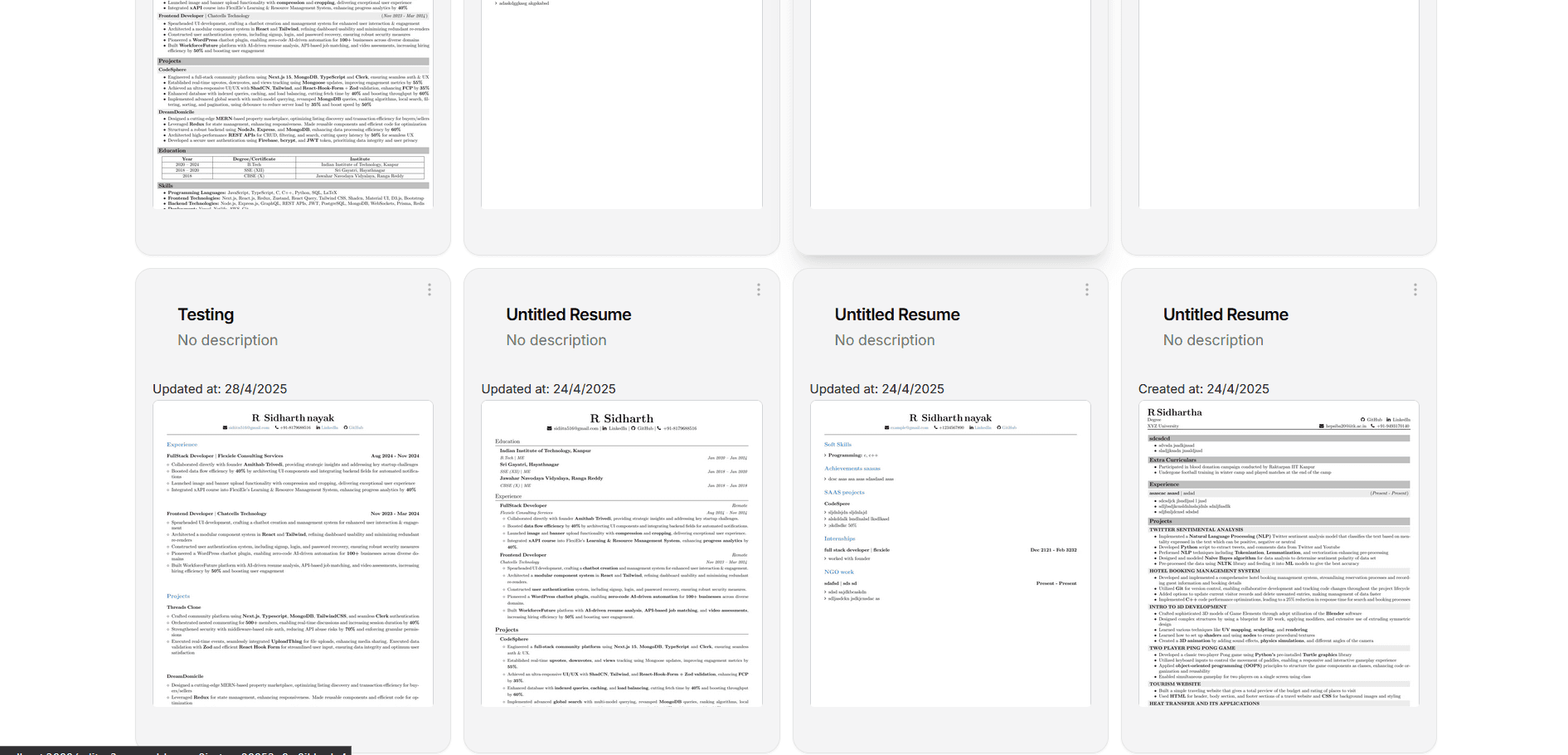 My Resumes Dashboard